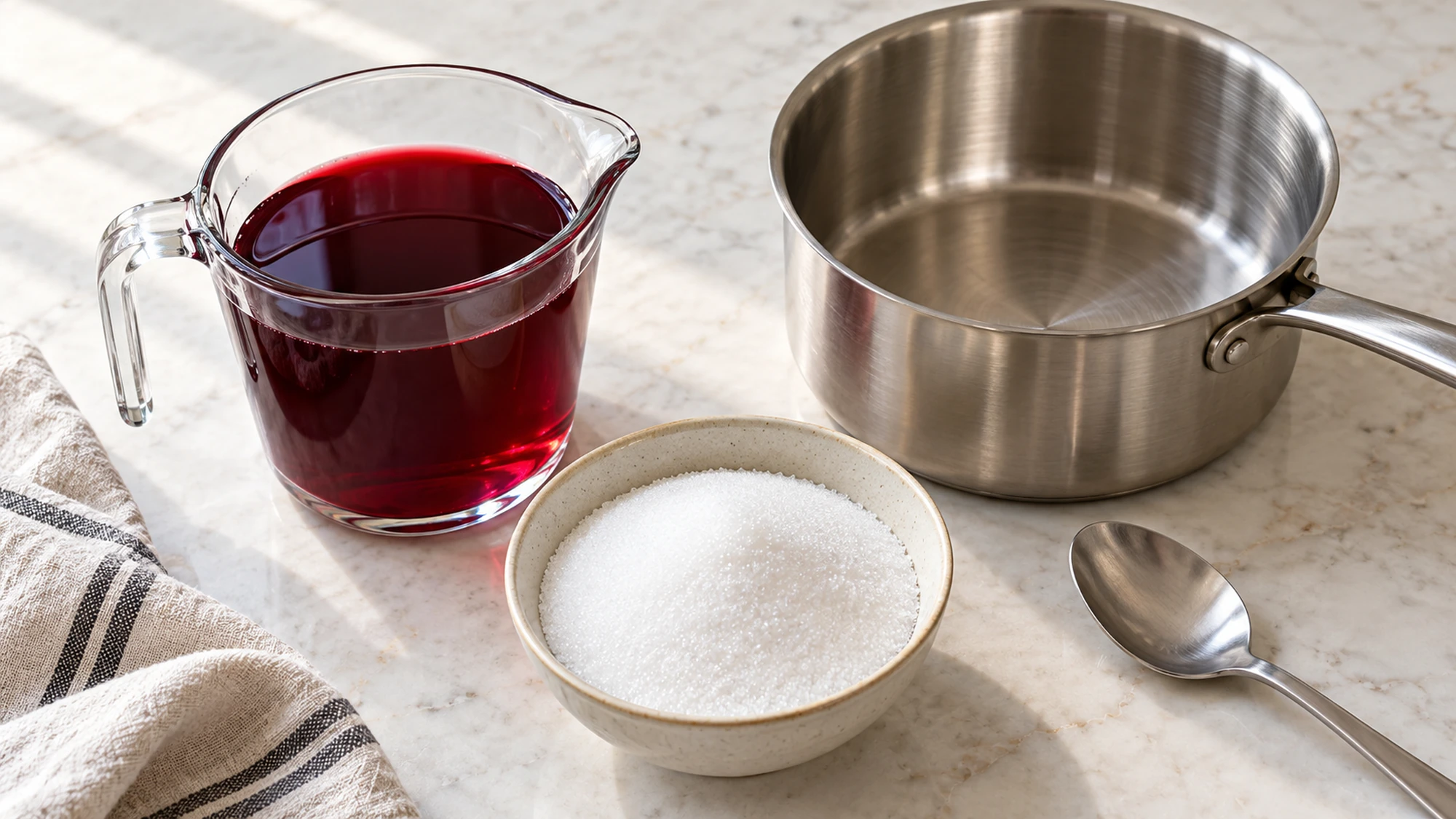 Pomegranate juice and white sugar measured for grenadine beside a saucepan