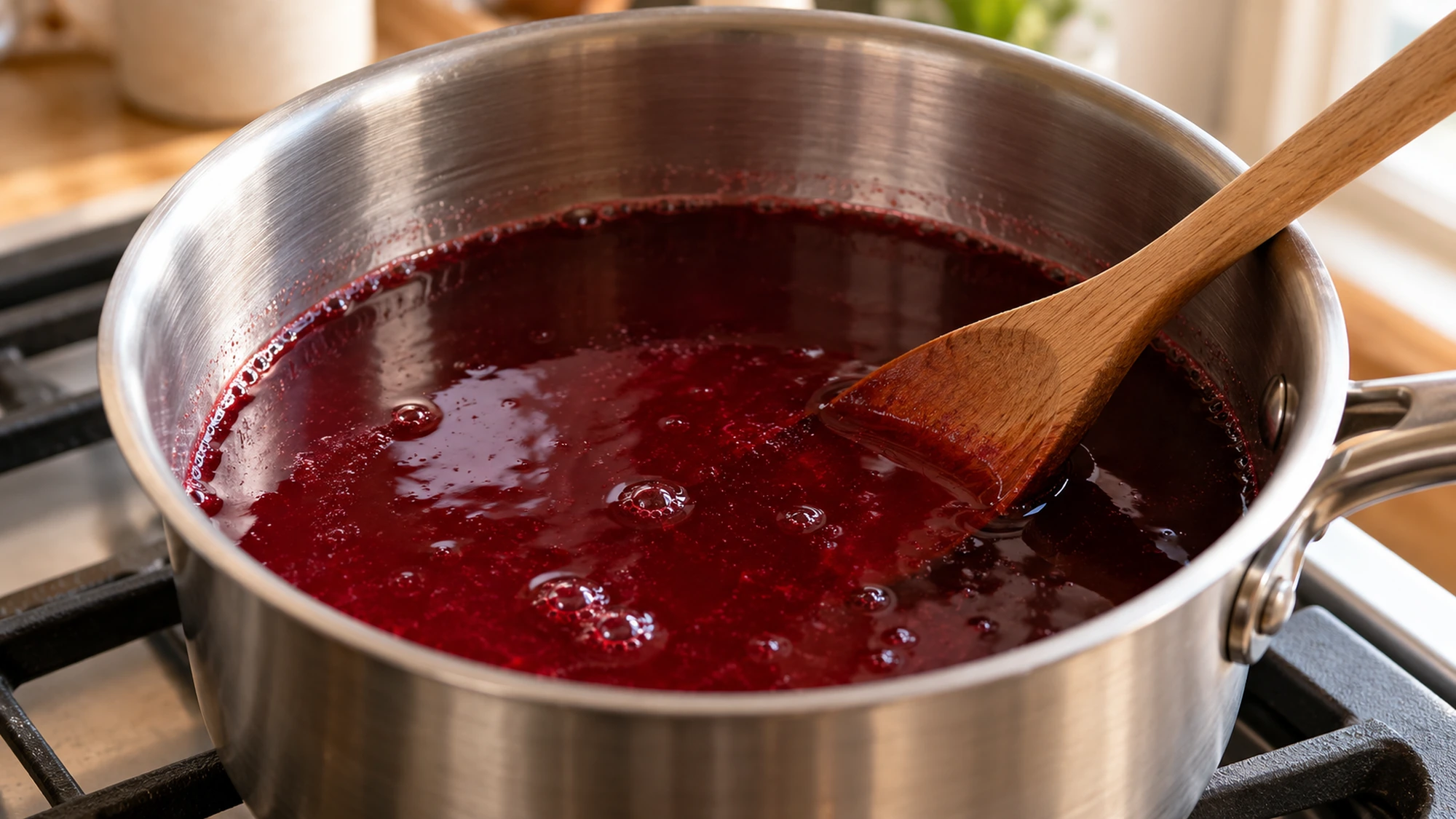 Grenadine at a gentle simmer in a stainless saucepan