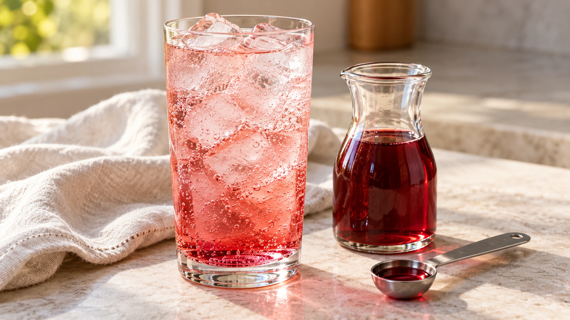 Grenadine stirred into sparkling water beside a syrup carafe