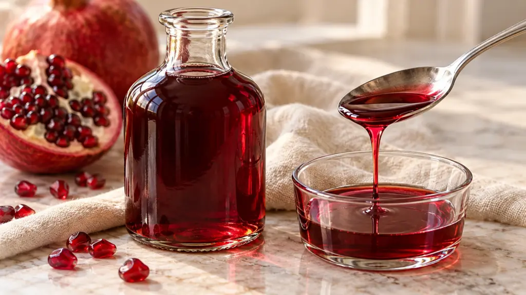 Ruby grenadine in a glass bottle with syrup dripping from a spoon