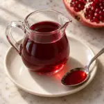 Pourable ruby grenadine in a glass jug with a spoonful of syrup