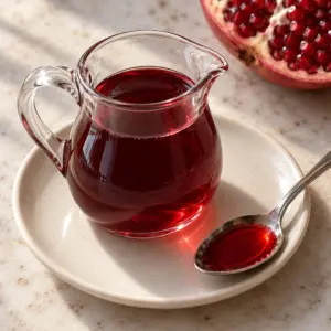 Pourable ruby grenadine in a glass jug with a spoonful of syrup