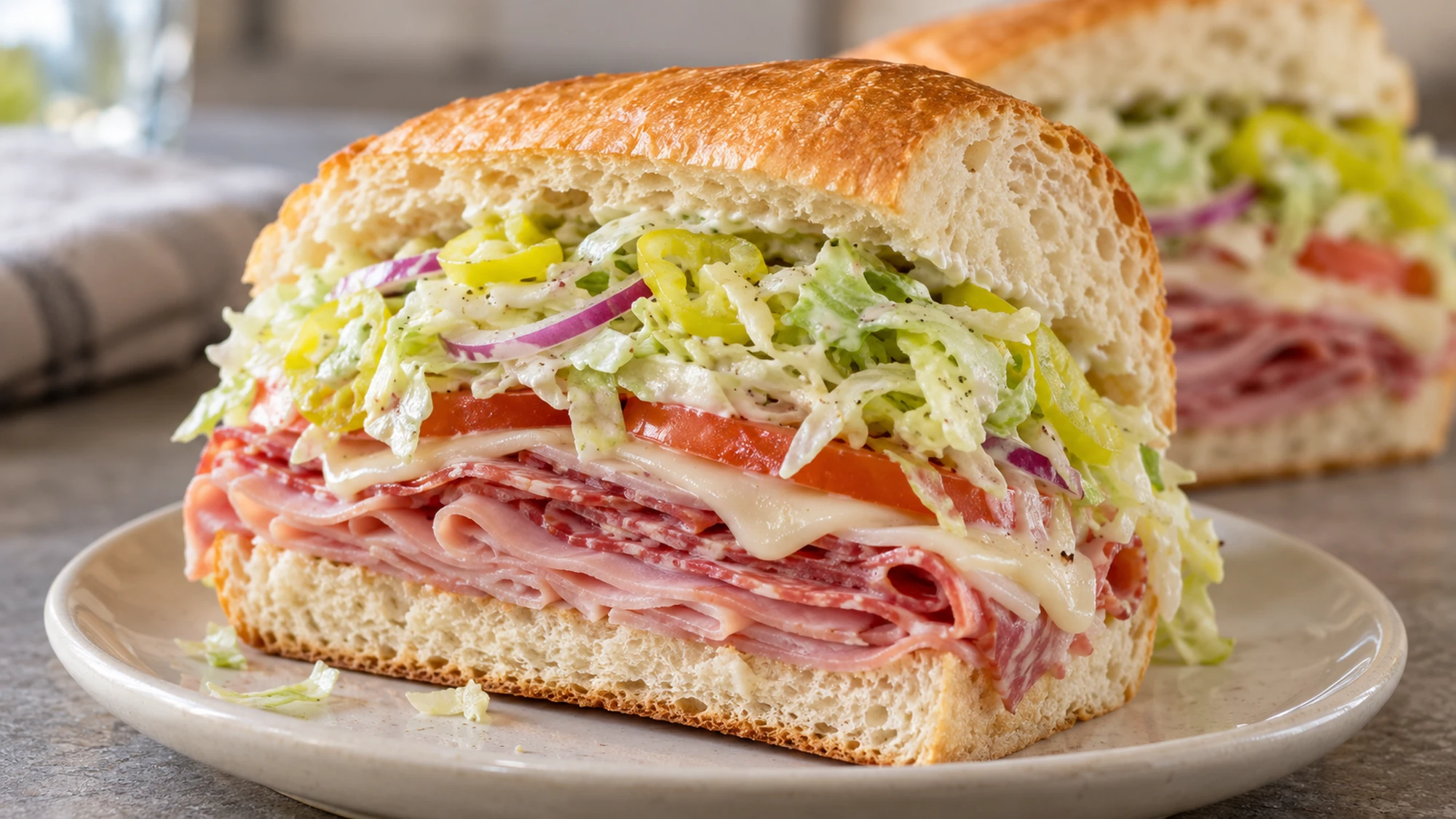 Grinder salad sandwich cross-section showing ham, salami, provolone, tomato and creamy lettuce