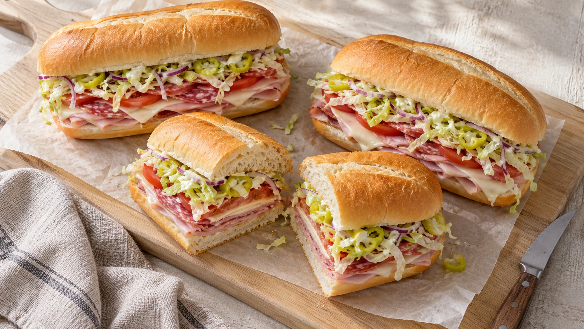 Grinder salad sandwich rolls and cut halves arranged on a wooden board
