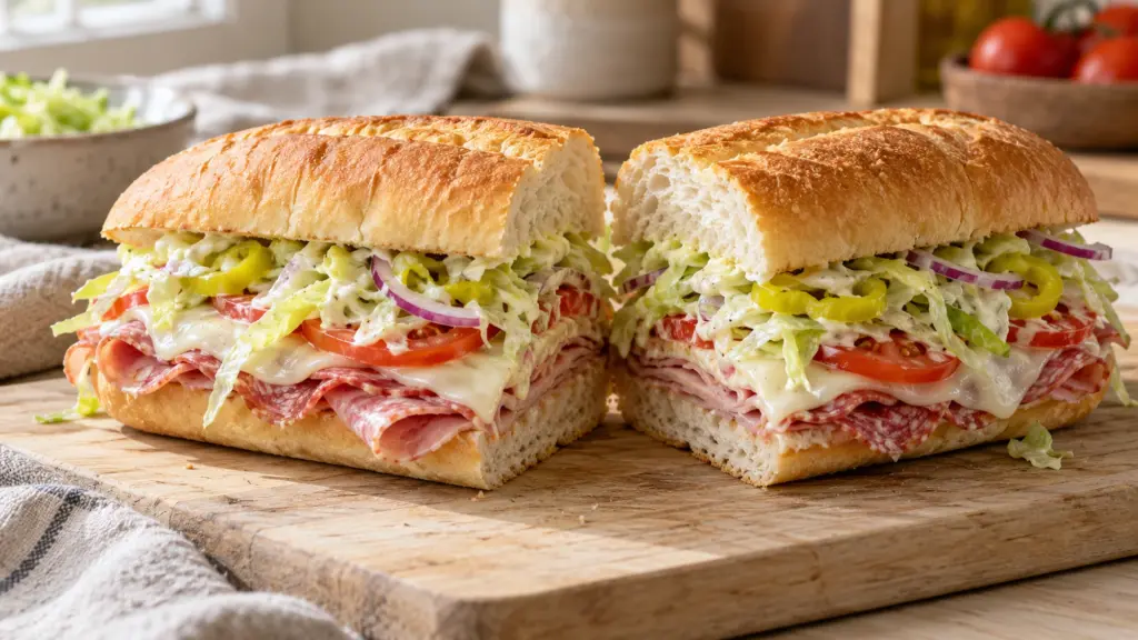 Grinder salad sandwich halves with warm provolone, ham, salami and crisp dressed lettuce