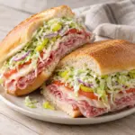 Grinder salad sandwich halves on an ivory plate with dressed lettuce and tomato visible