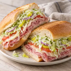 Grinder salad sandwich halves on an ivory plate with dressed lettuce and tomato visible