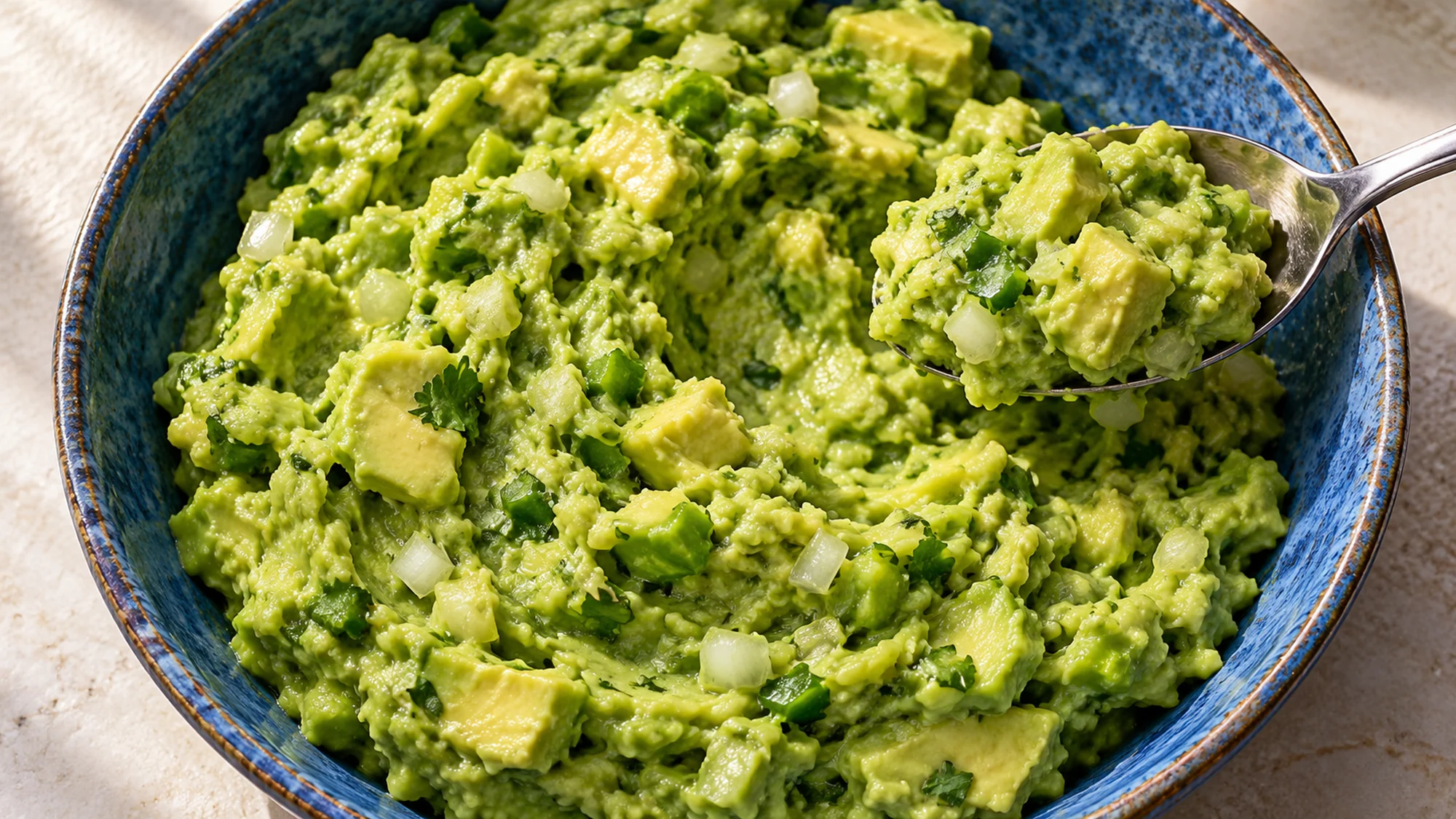 Chunky guacamole in a blue bowl with visible avocado pieces and cilantro