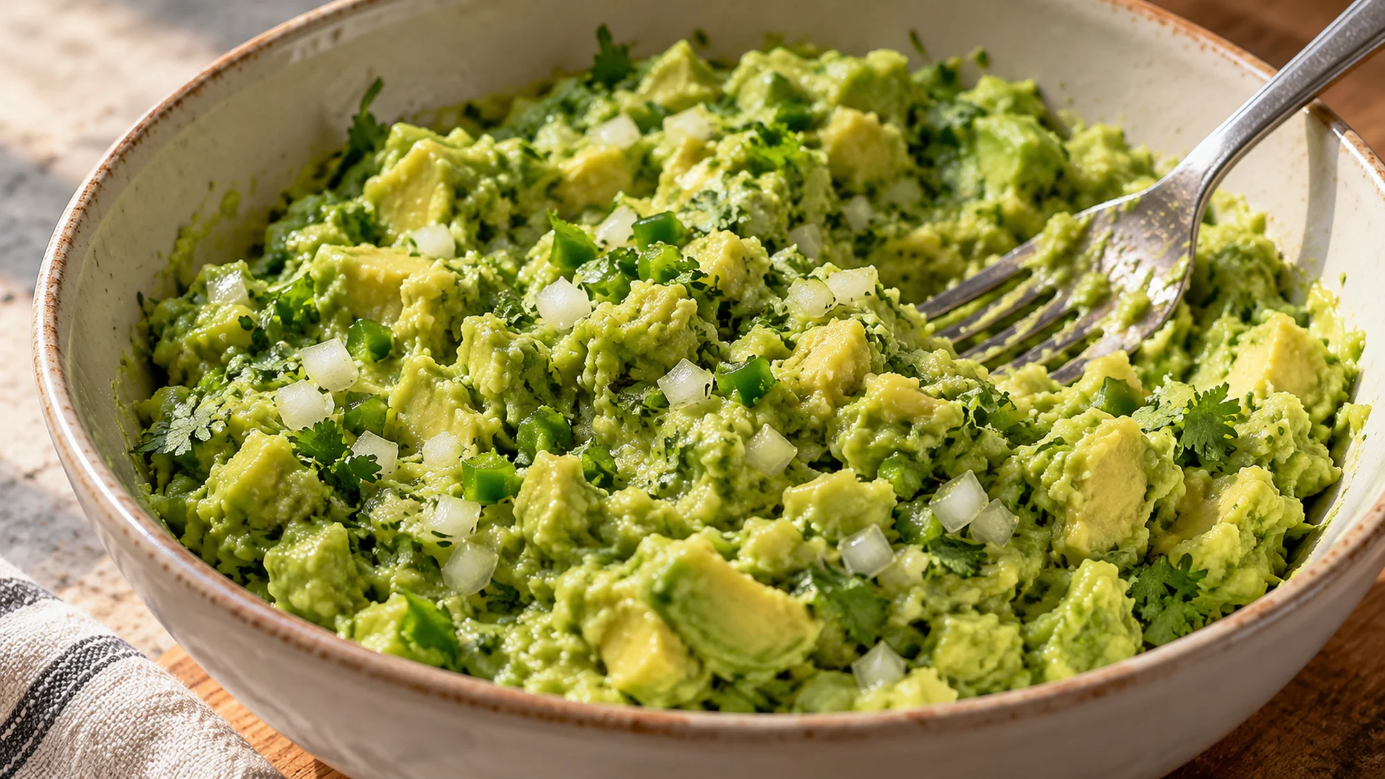 Close view of chunky guacamole in a ceramic bowl with a spoon