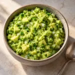 Chunky guacamole topped with chopped herbs in a ceramic bowl