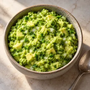 Chunky guacamole topped with chopped herbs in a ceramic bowl
