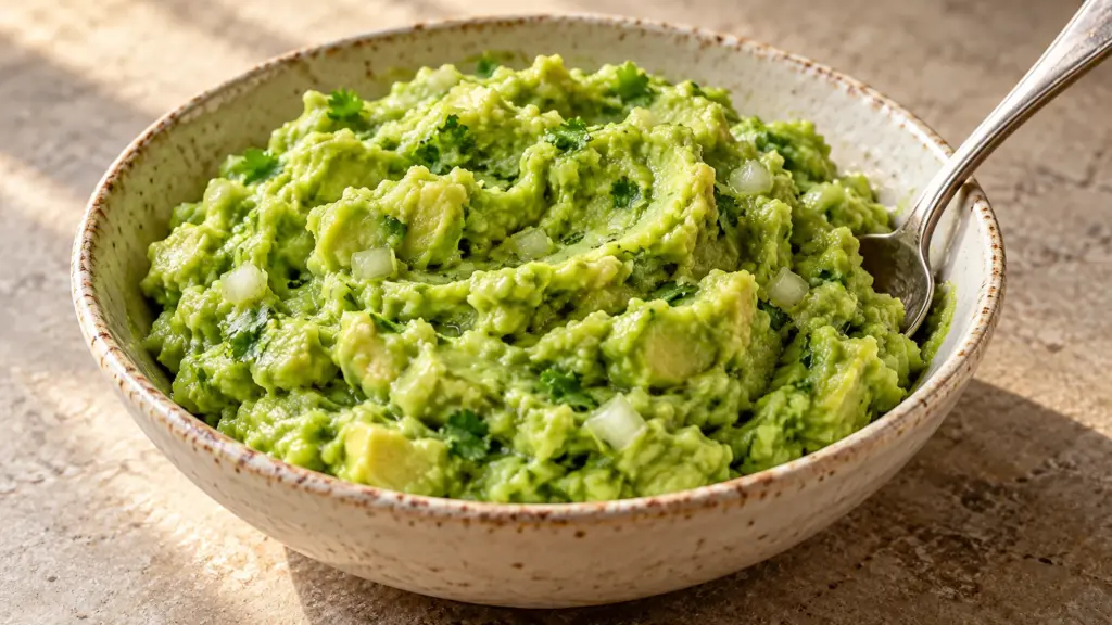 Chunky guacamole in a speckled ceramic bowl with a spoon