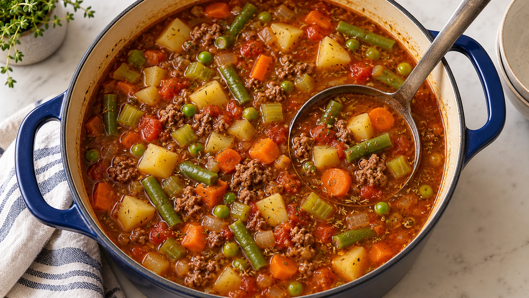 Hamburger vegetable soup in a Dutch oven with a ladle