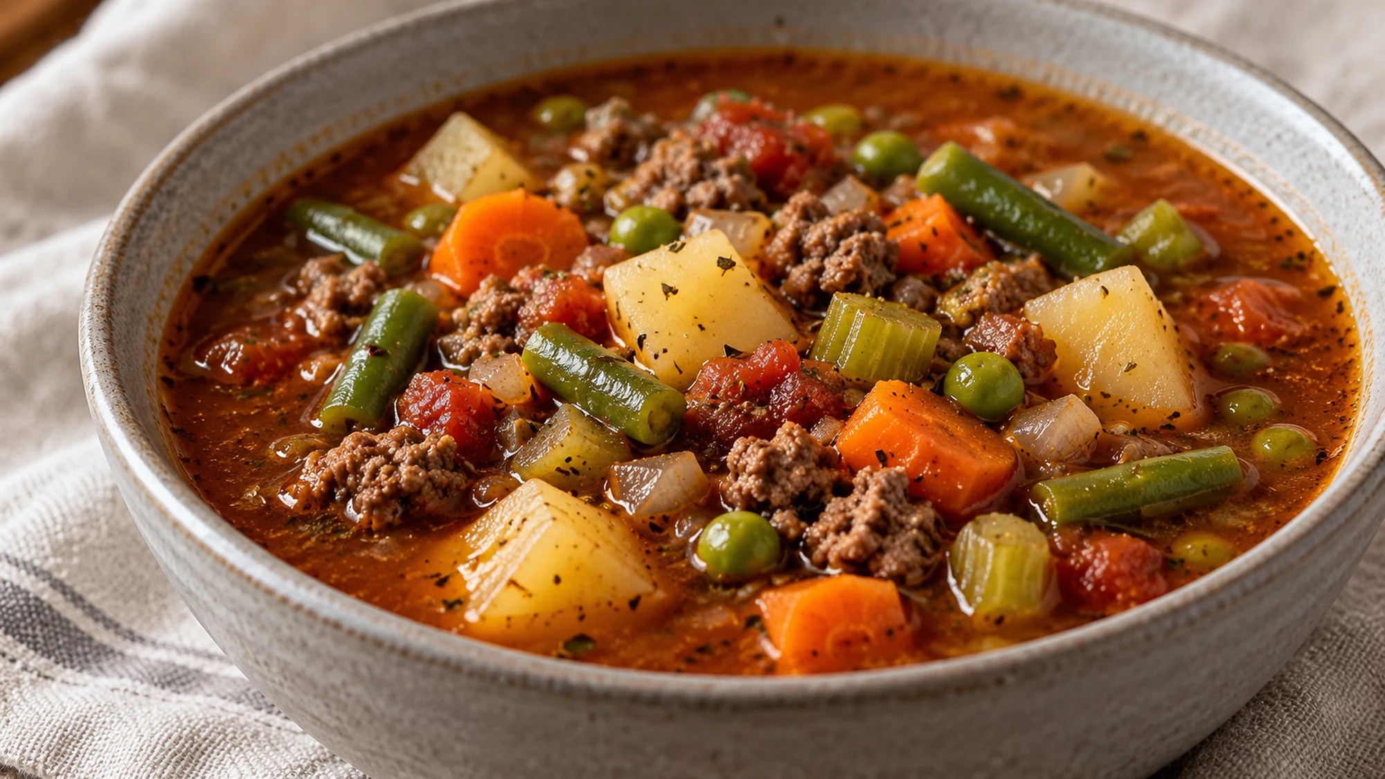 Hamburger vegetable soup showing tender potato cubes and ground beef