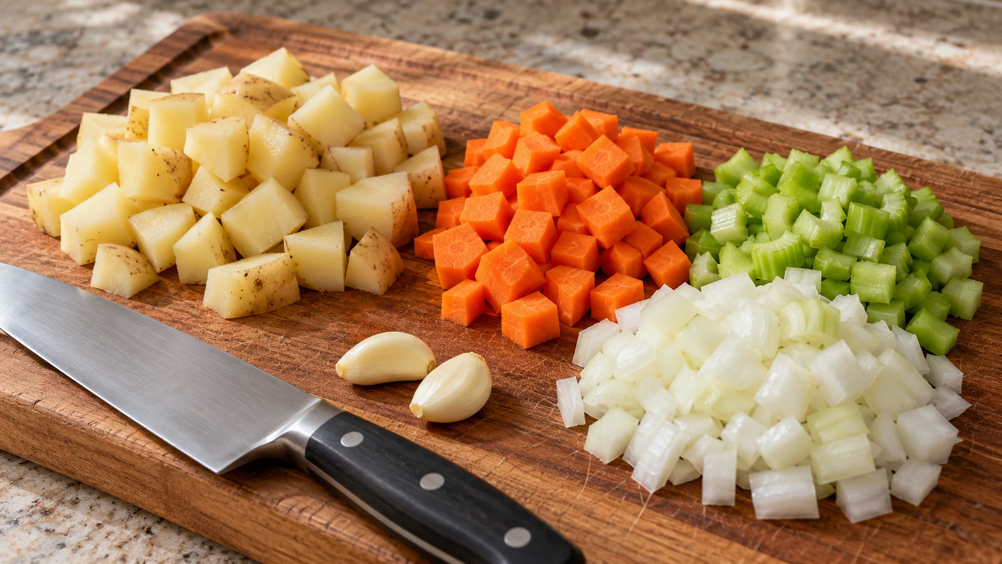 Cut potatoes, carrots, celery and onion for hamburger vegetable soup