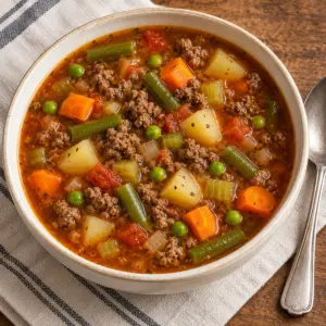 Hamburger vegetable soup in a cream bowl with recognizable beef and vegetables