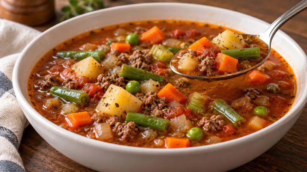 Hamburger vegetable soup with beef, potatoes, carrots, green beans and peas