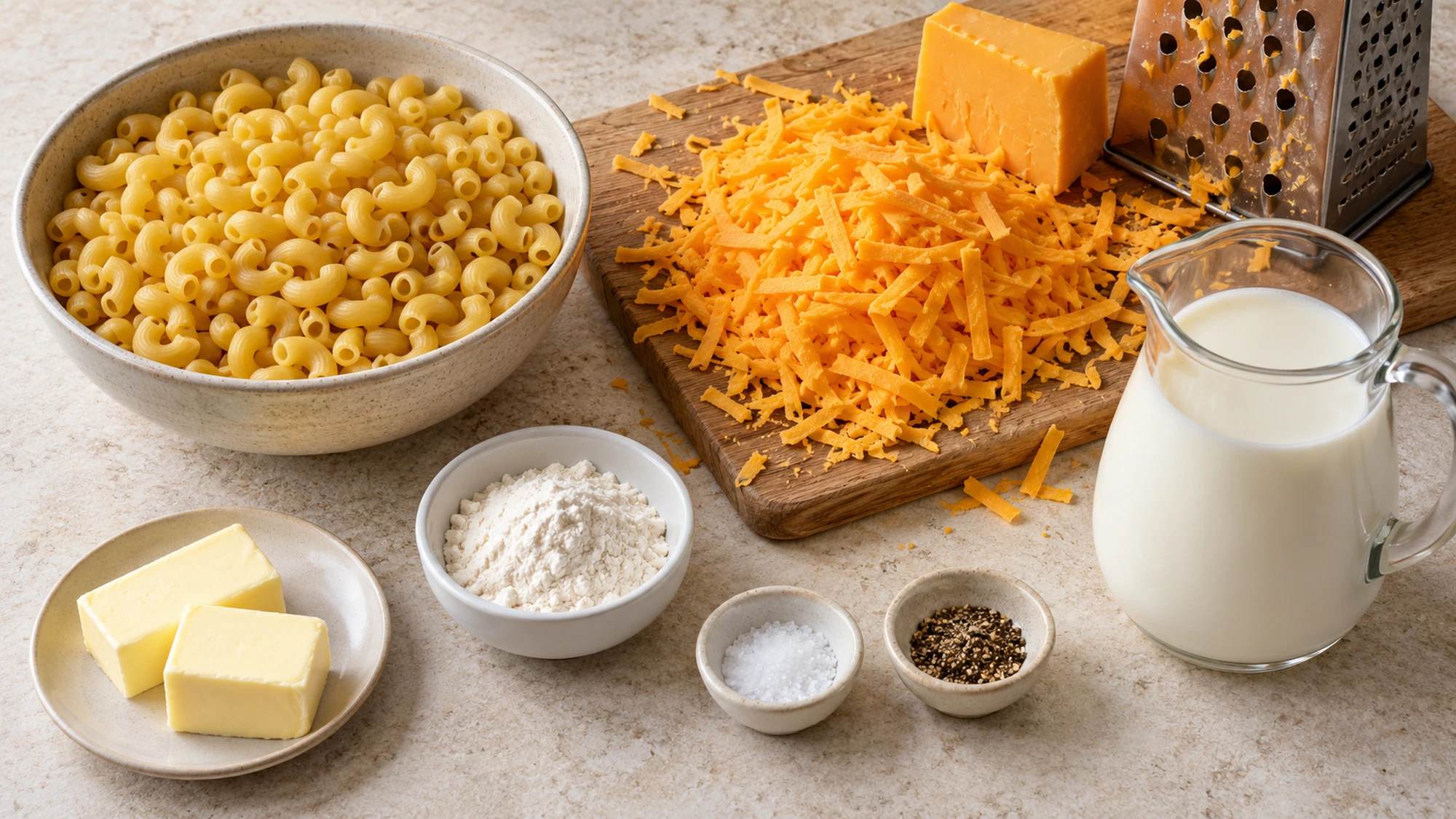 Freshly grated cheddar stirred into the milk sauce for homemade mac and cheese recipe