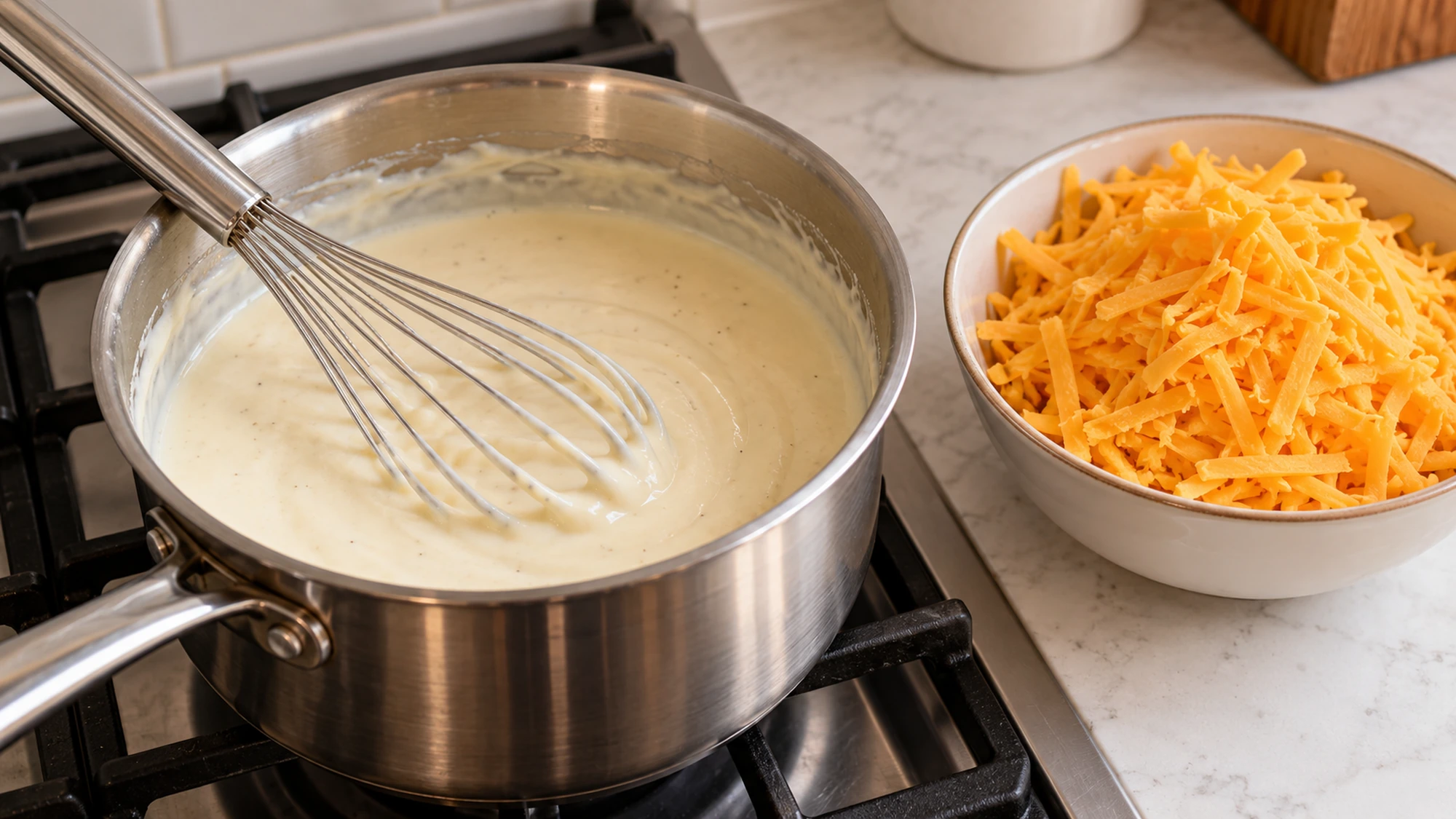A spoon lifting creamy elbow macaroni with a smooth sharp cheddar sauce