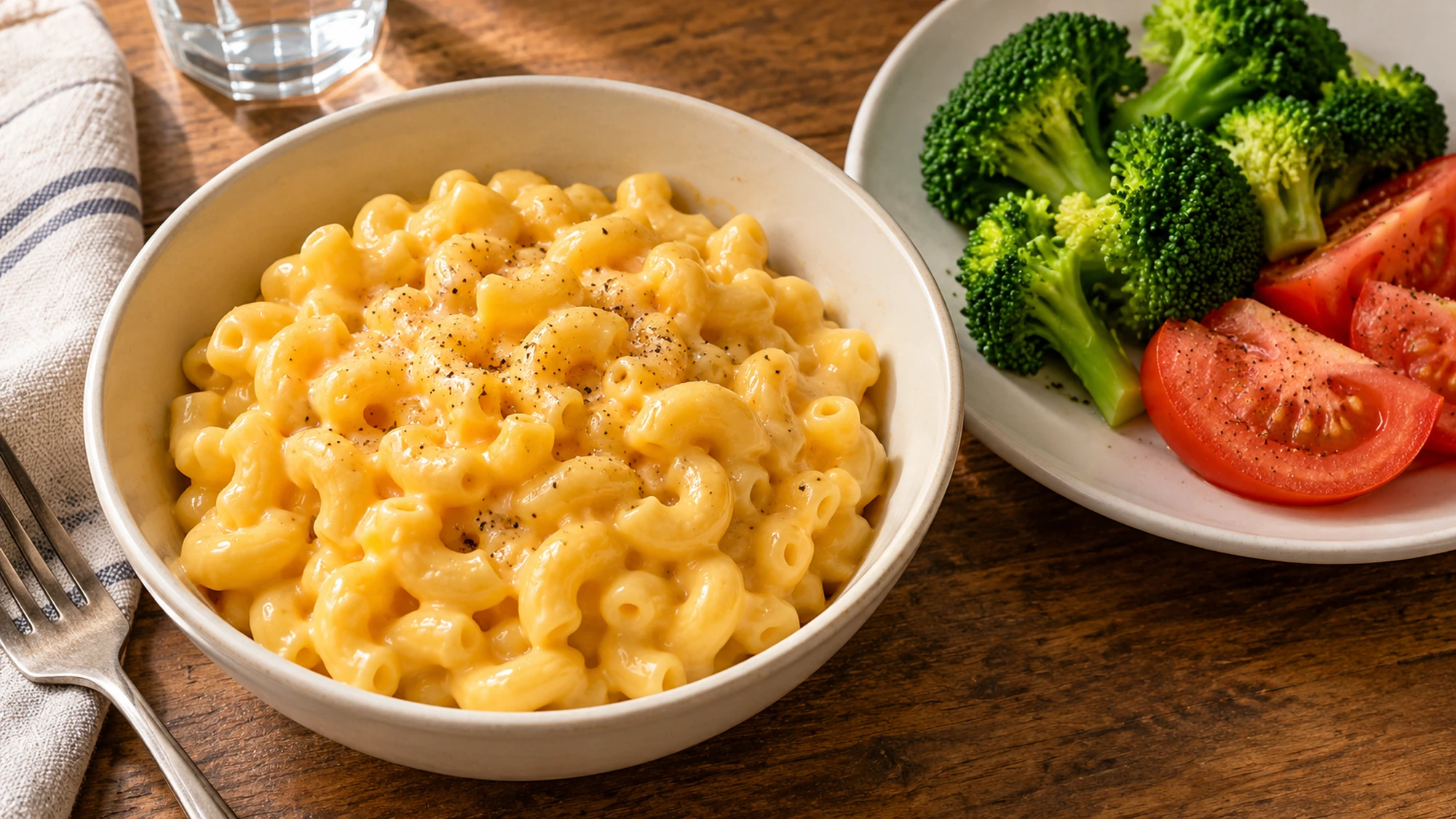 A bowl of stovetop mac and cheese beside separate broccoli and tomato sides