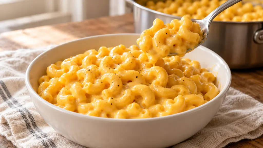 Creamy homemade mac and cheese recipe in a saucepan with sharp cheddar coating the elbows