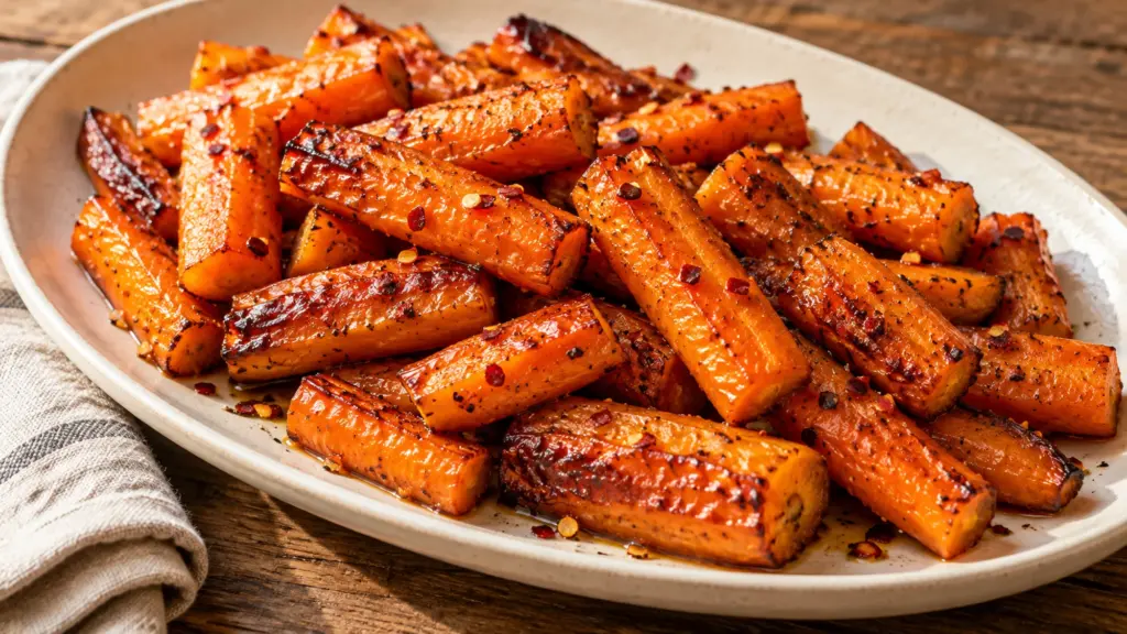 Hot honey roasted carrots with browned edges on an ivory serving platter.
