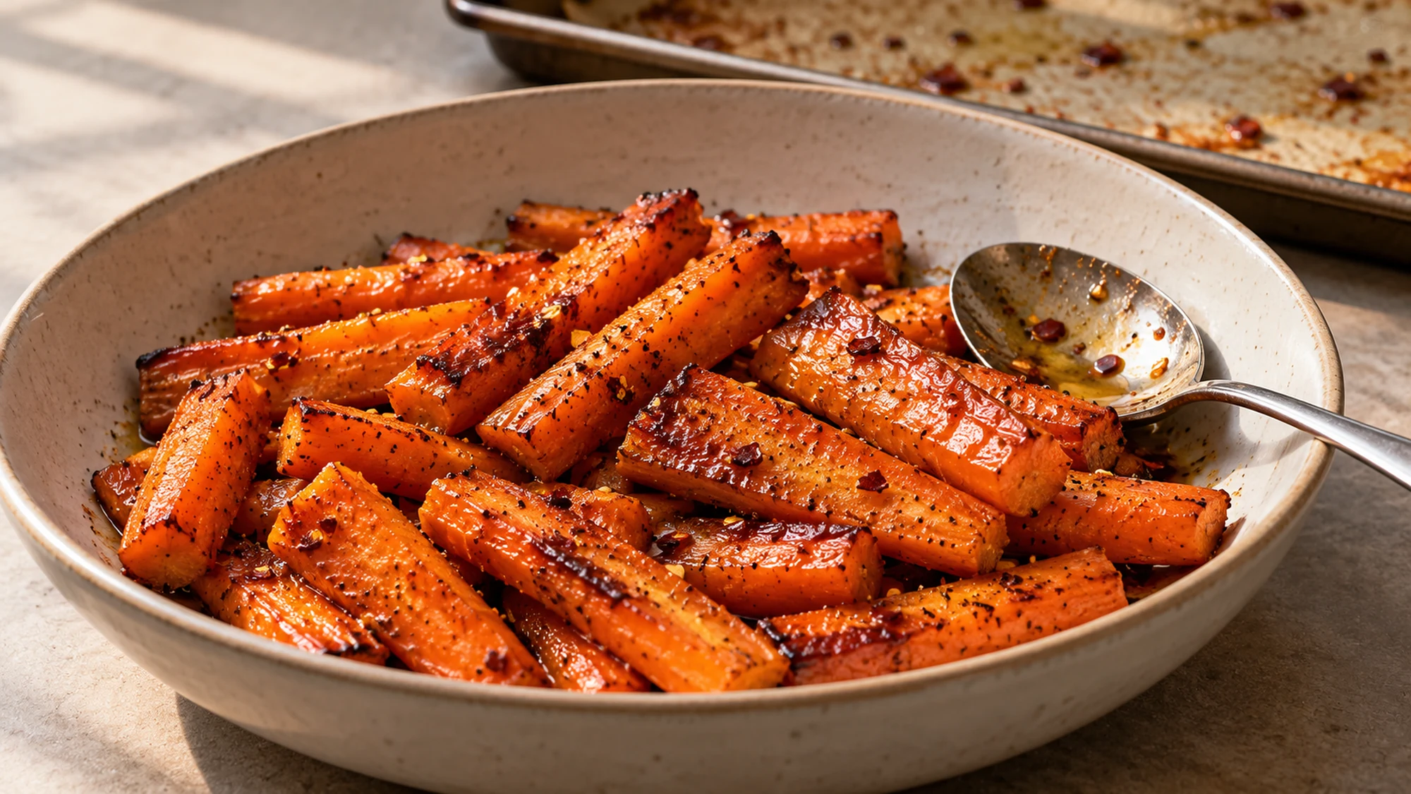 Hot honey roasted carrots in a serving bowl after glazing, with the roasting pan behind.