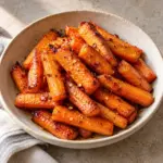 Hot honey roasted carrots in a shallow ivory bowl with a light glossy glaze.