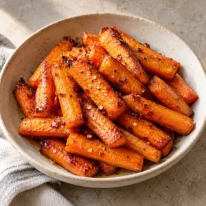 Hot honey roasted carrots in a shallow ivory bowl with a light glossy glaze.