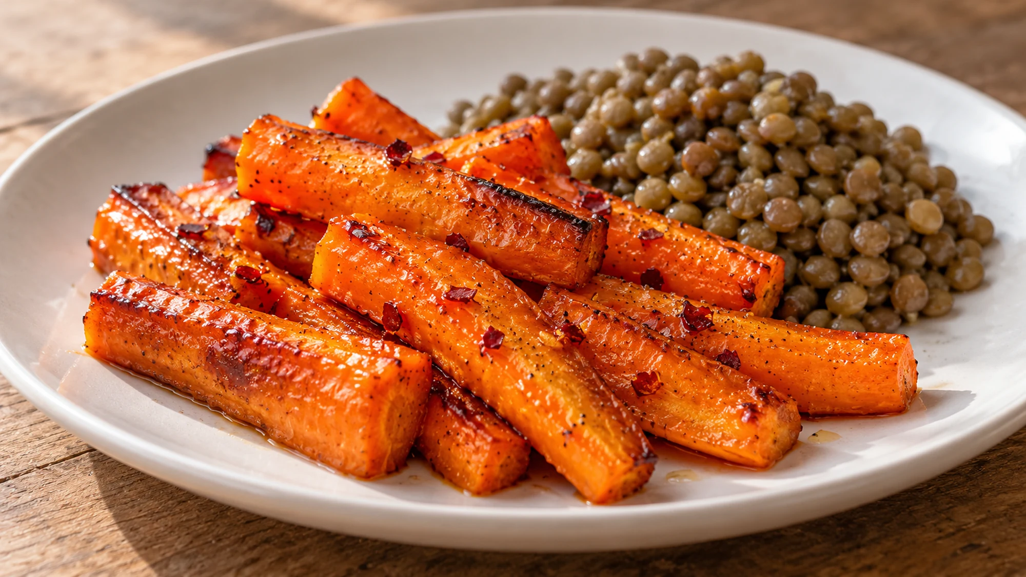 Hot honey roasted carrots served beside plain cooked lentils.