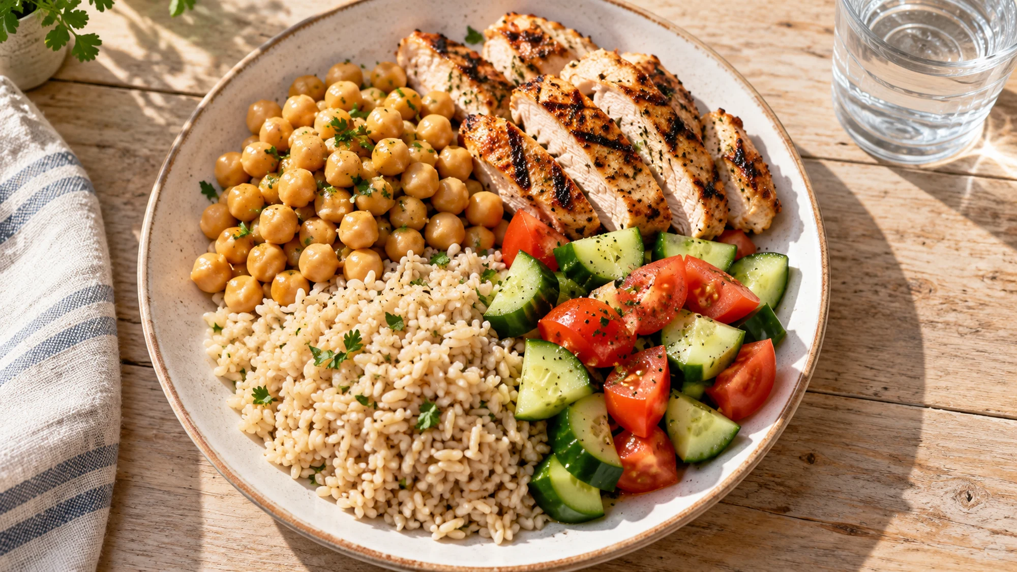 Chicken, chickpeas, rice and vegetables for a how much protein do I need a day guide