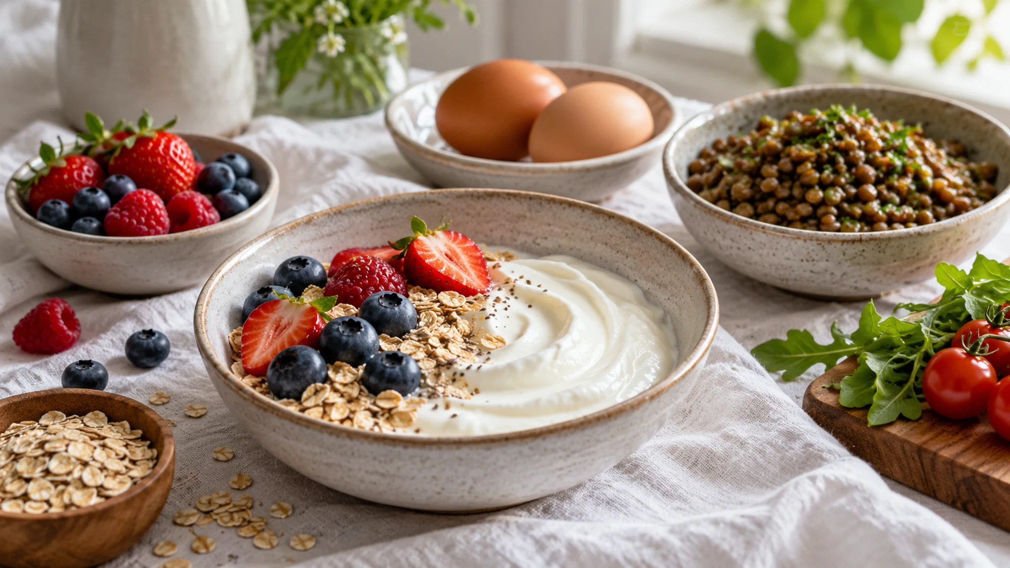 Yogurt with berries and oats beside eggs and lentils
