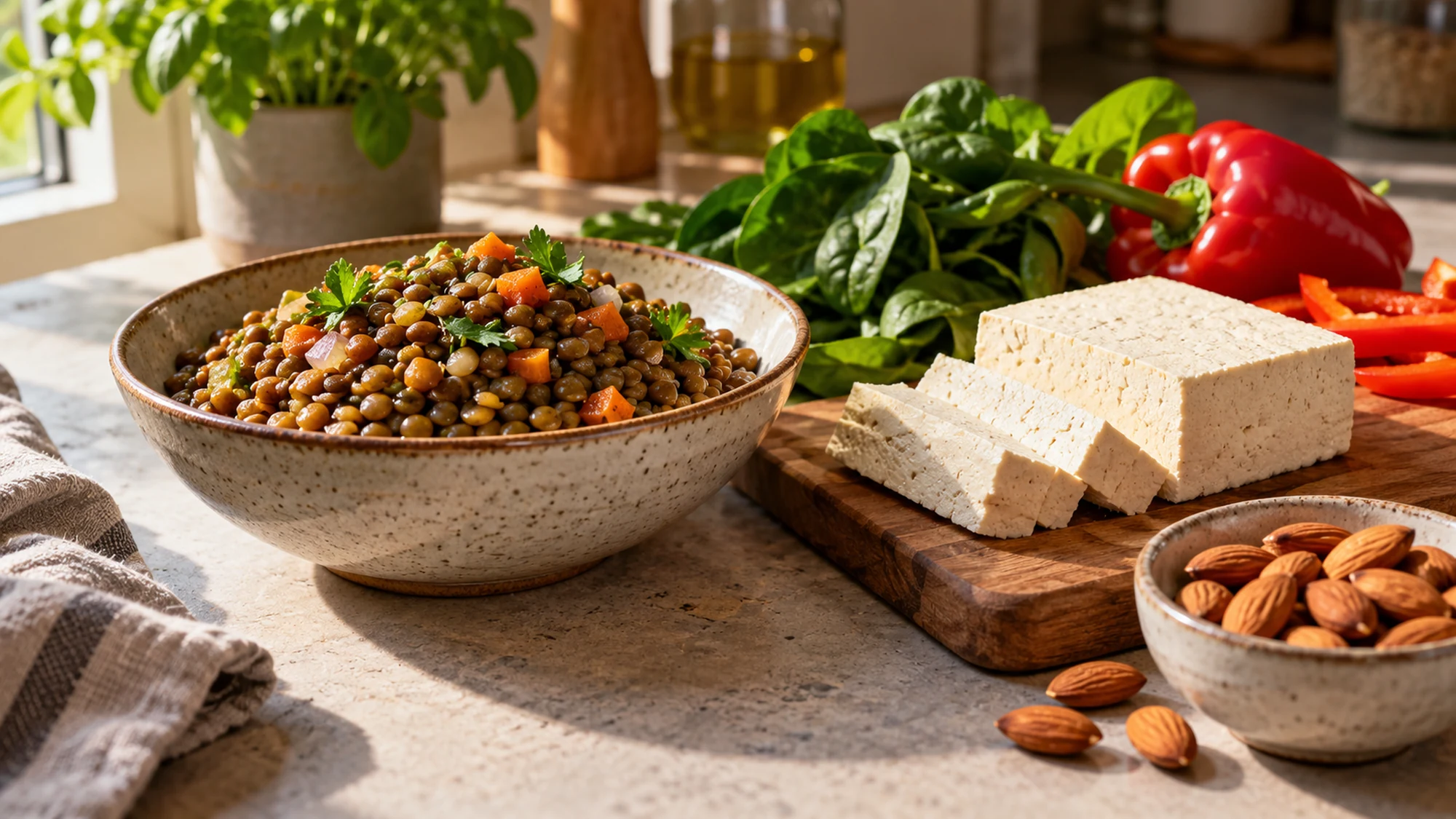 Cooked lentils, tofu, almonds and vegetables on a kitchen counter