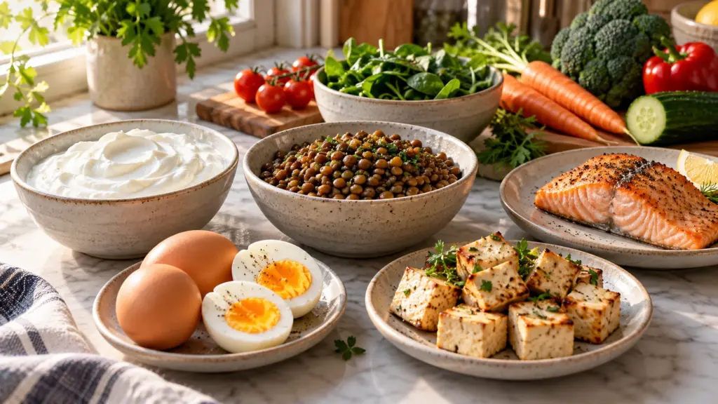 Yogurt, eggs, lentils, tofu and salmon for a how much protein do I need a day guide