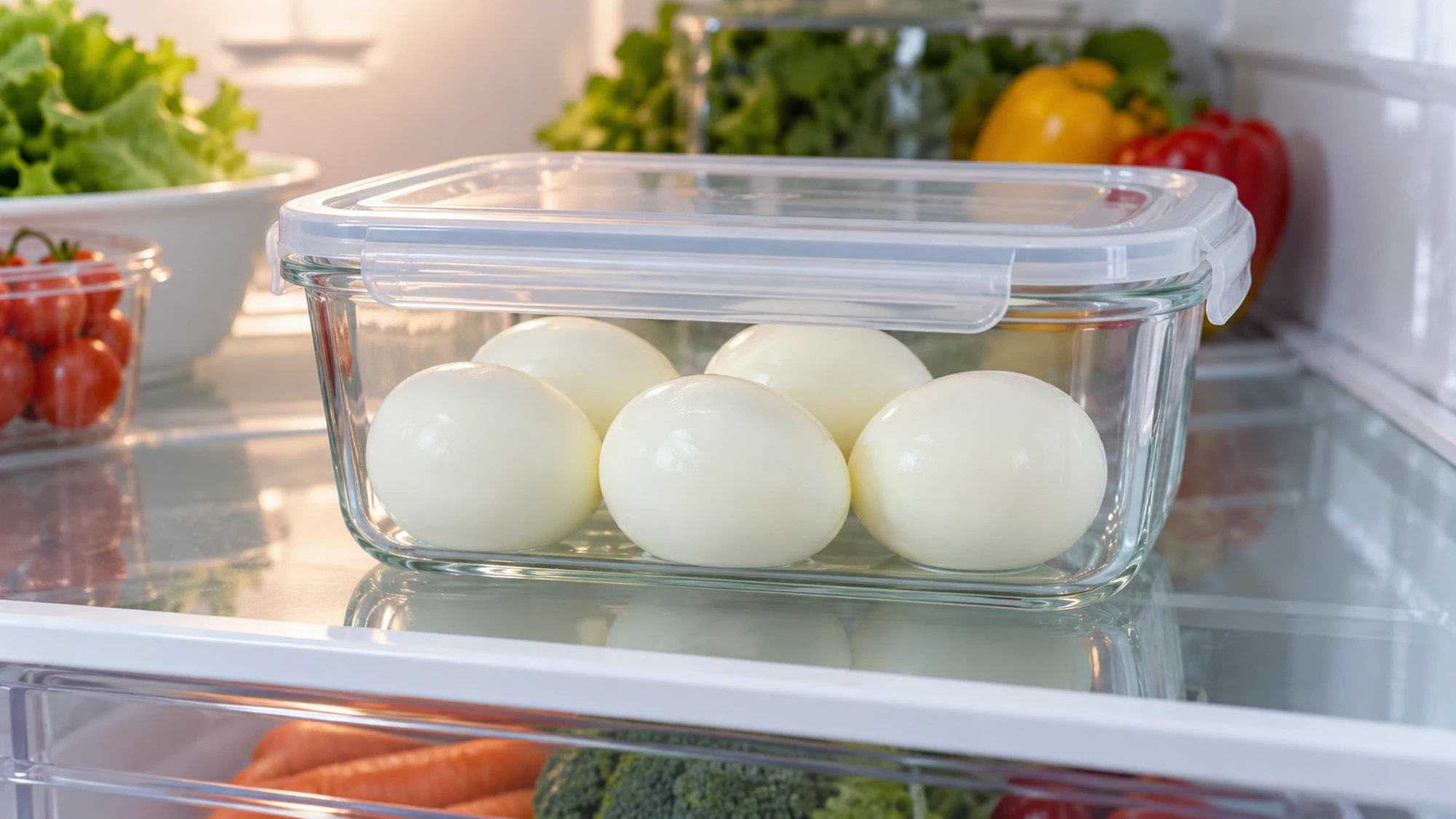 Hard-cooked eggs stored in a covered refrigerator container.