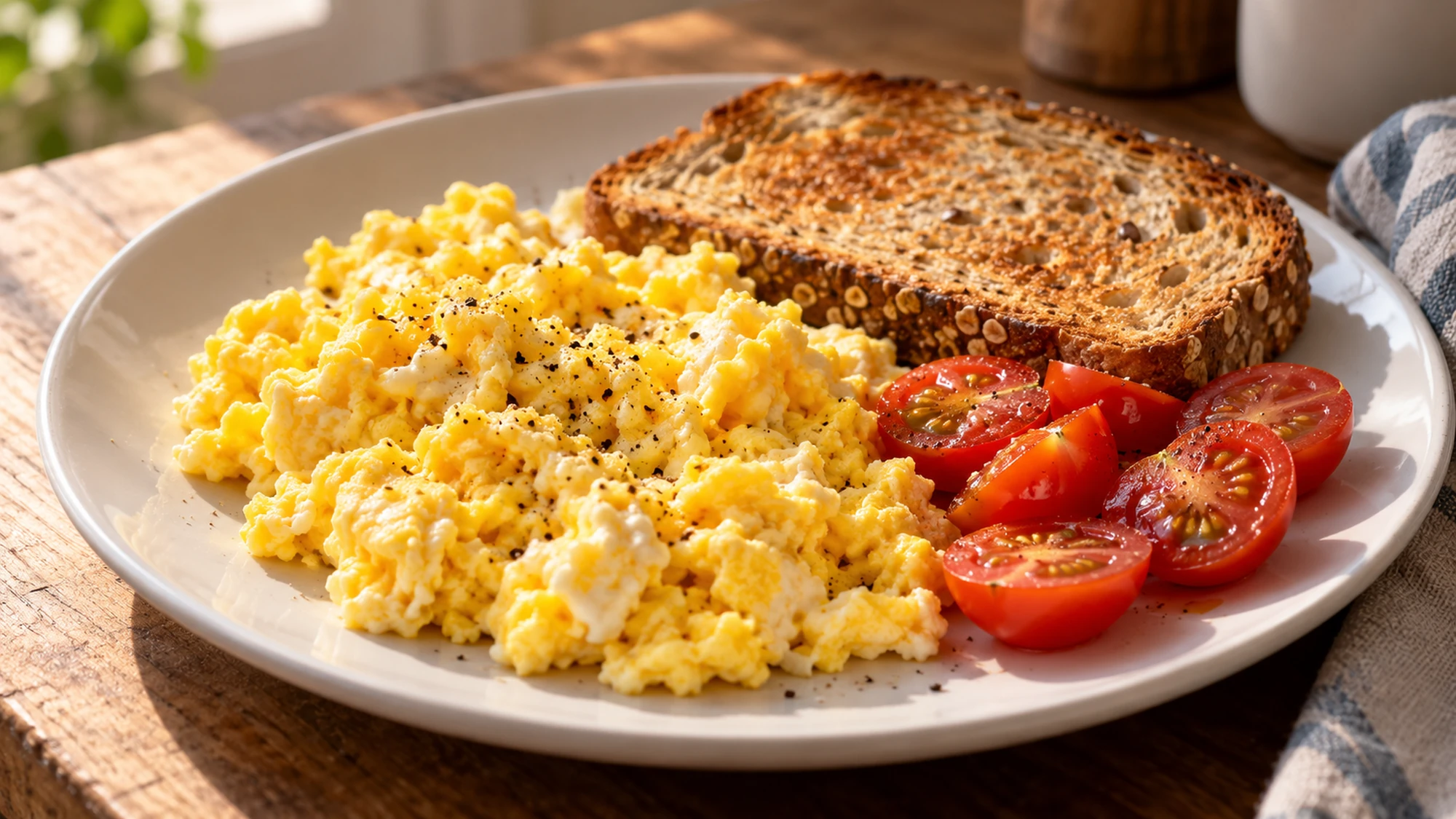 Scrambled eggs served with toast and tomatoes.