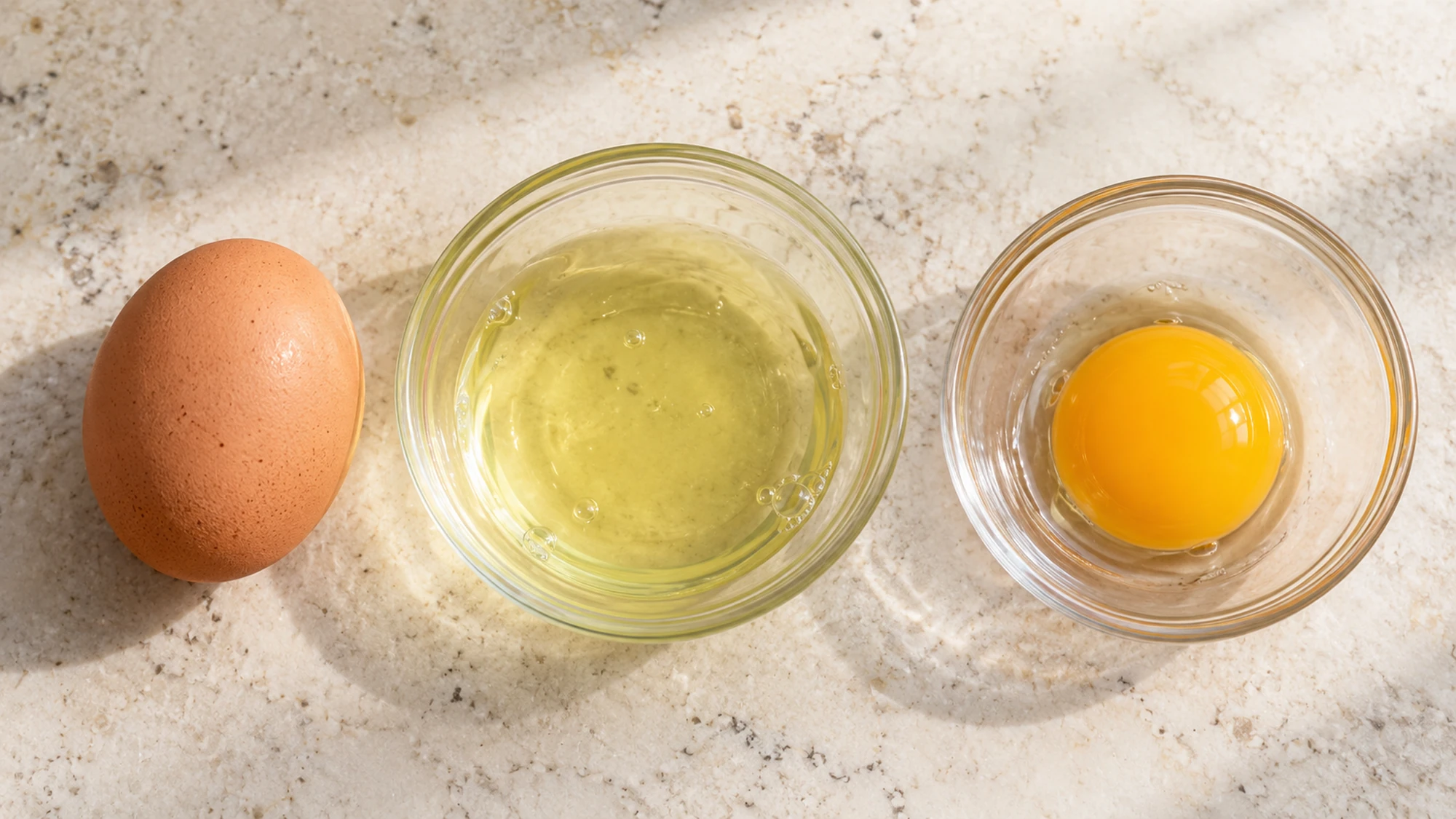 Whole egg beside its separated white and yolk.
