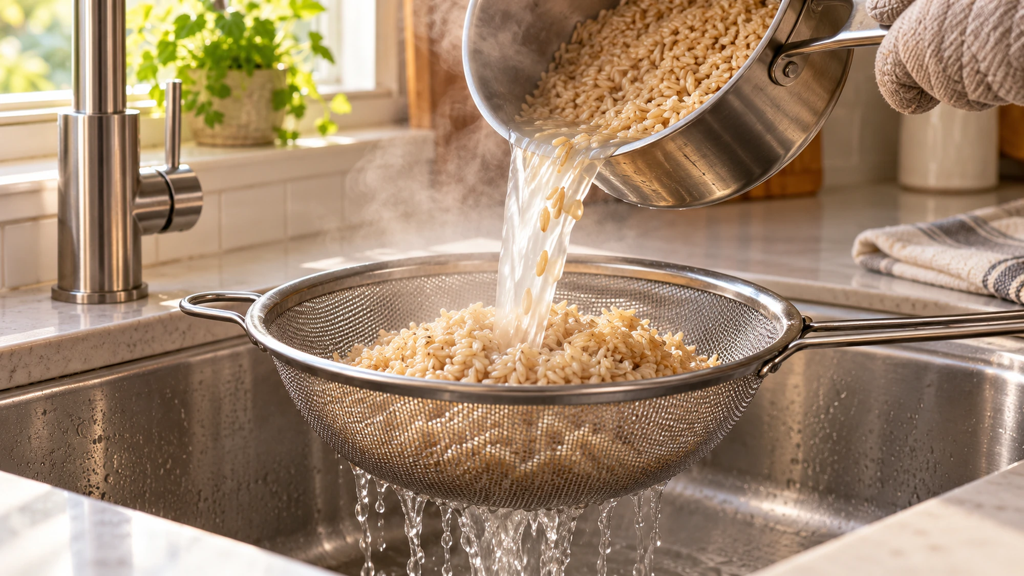 How to cook brown rice by draining the boiled grains through a fine-mesh strainer