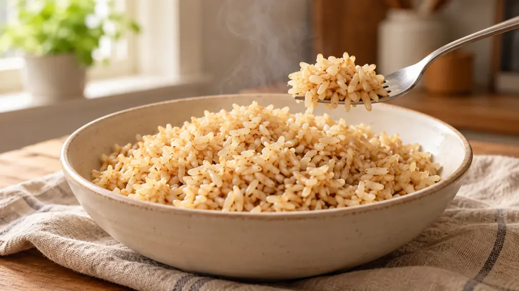 How to cook brown rice: separate tan grains in a white bowl