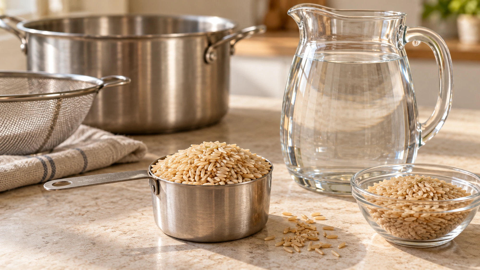 How to cook brown rice: a dry grain measure beside a water jug