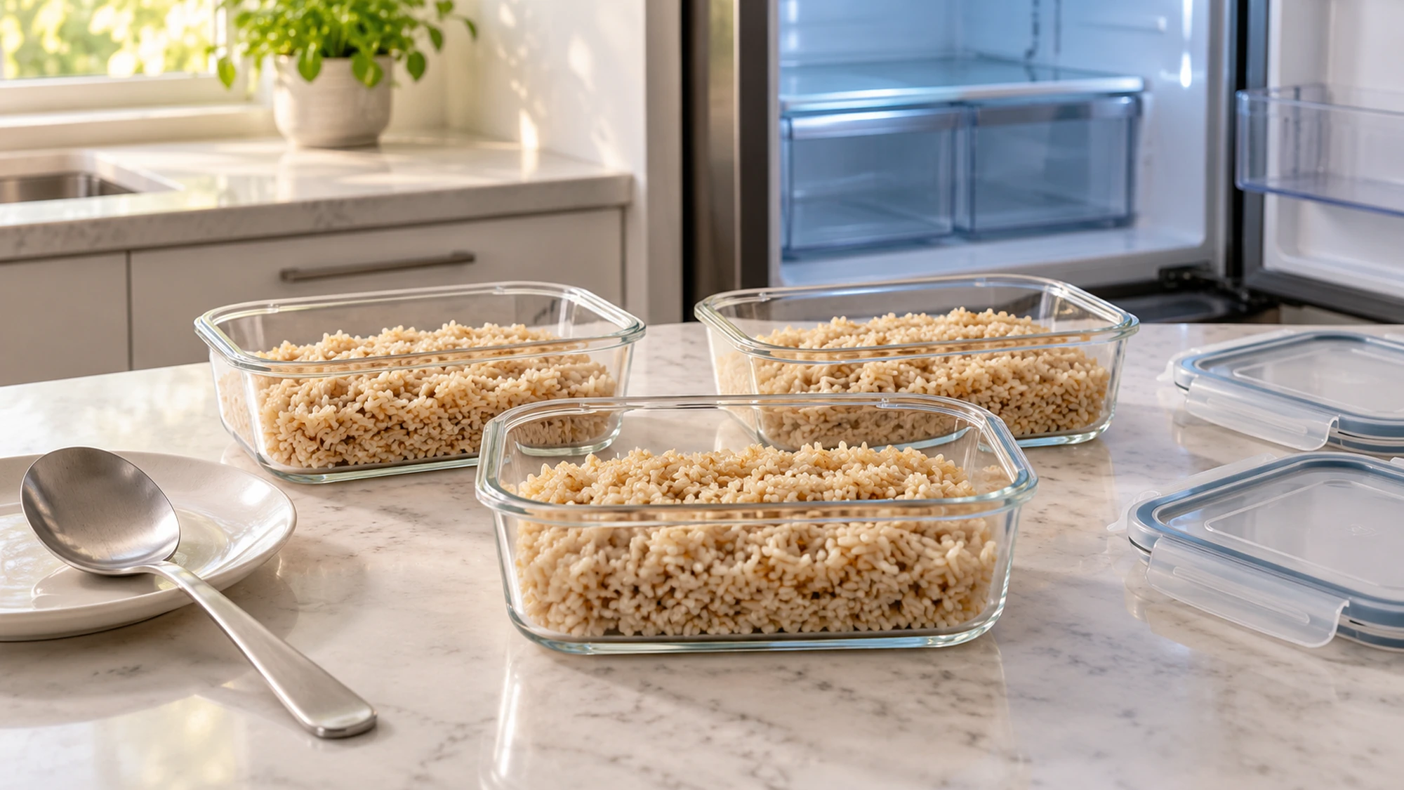 How to cook brown rice and portion it into shallow containers
