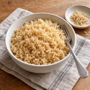 How to cook brown rice: a white bowl of tender tan grains