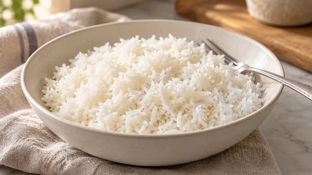 How to cook rice: plain cooked long-grain white rice in a cream bowl with a fork