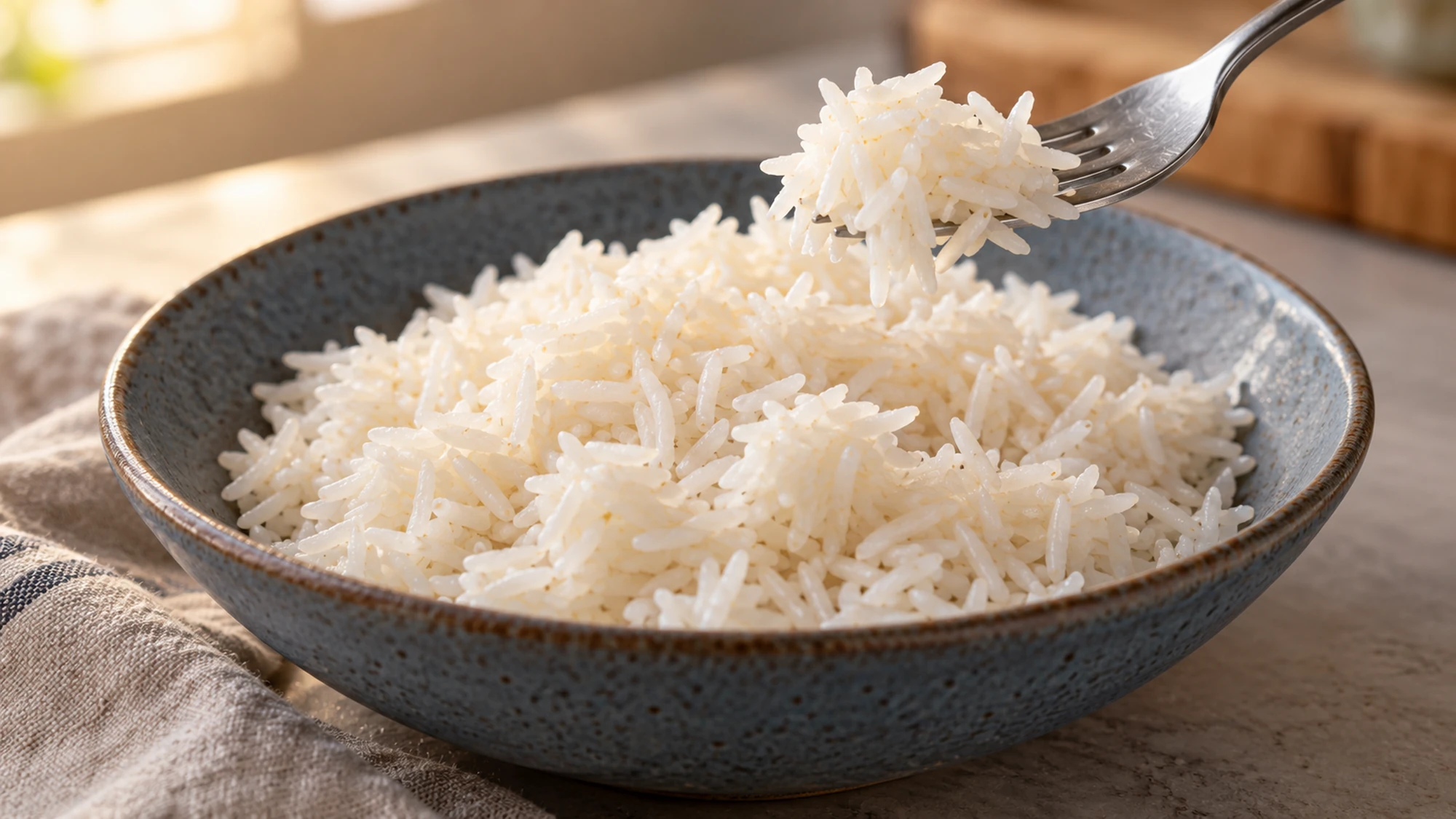 How to cook rice: a fork lifts plain cooked white rice from a blue-gray bowl