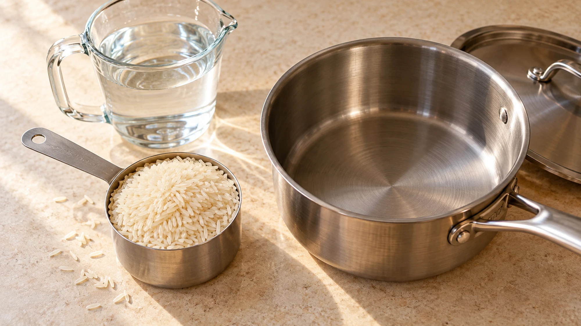 How to cook rice: dry white rice, a water jug and an empty saucepan with its lid