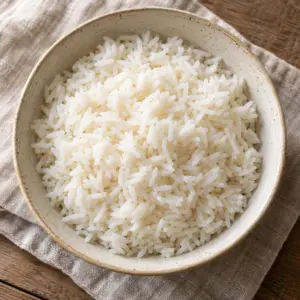 How to cook rice: close overhead view of cooked white rice in a cream bowl