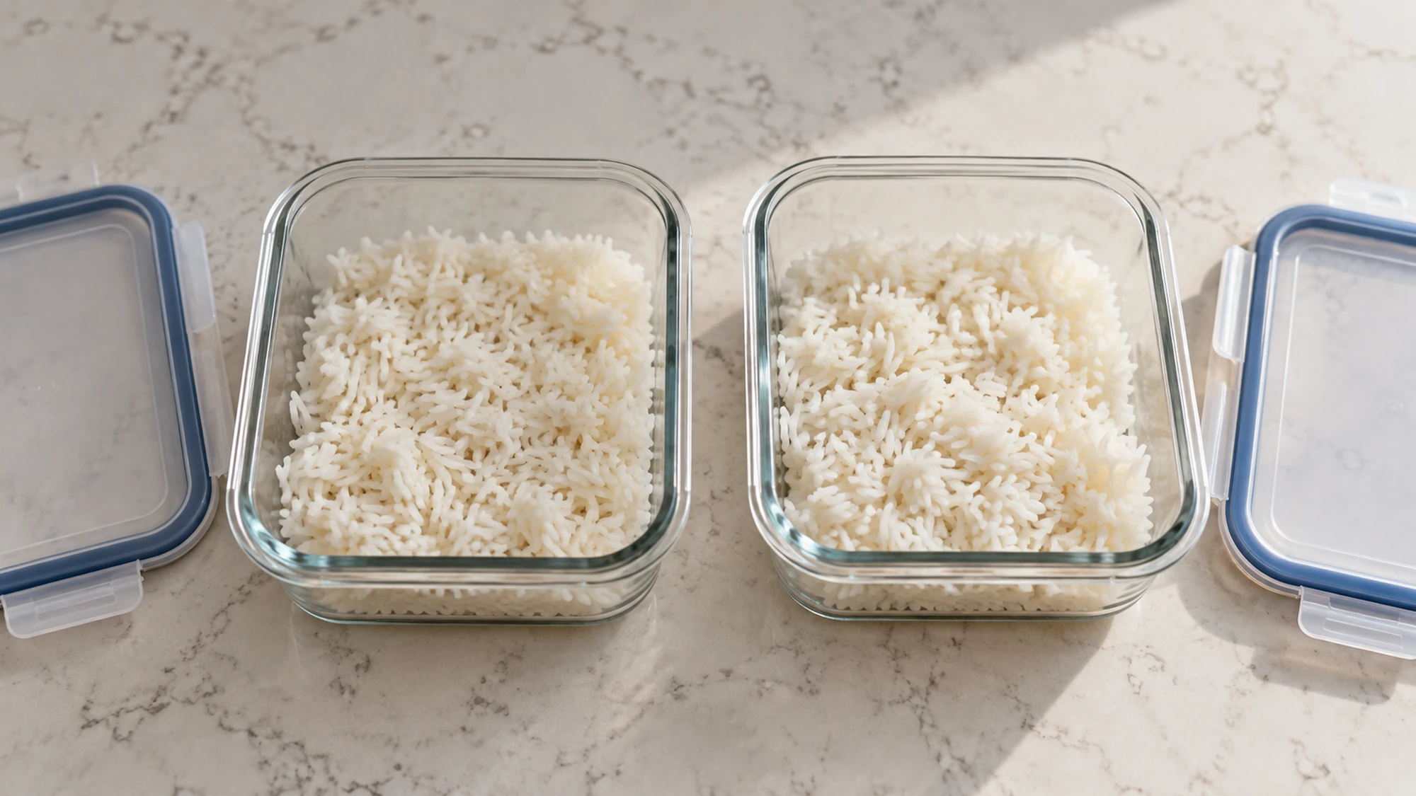 How to cook rice: plain cooked white rice divided between shallow storage containers
