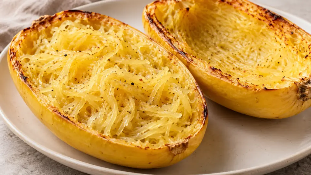 Roasted spaghetti squash halves with separate pale yellow strands.