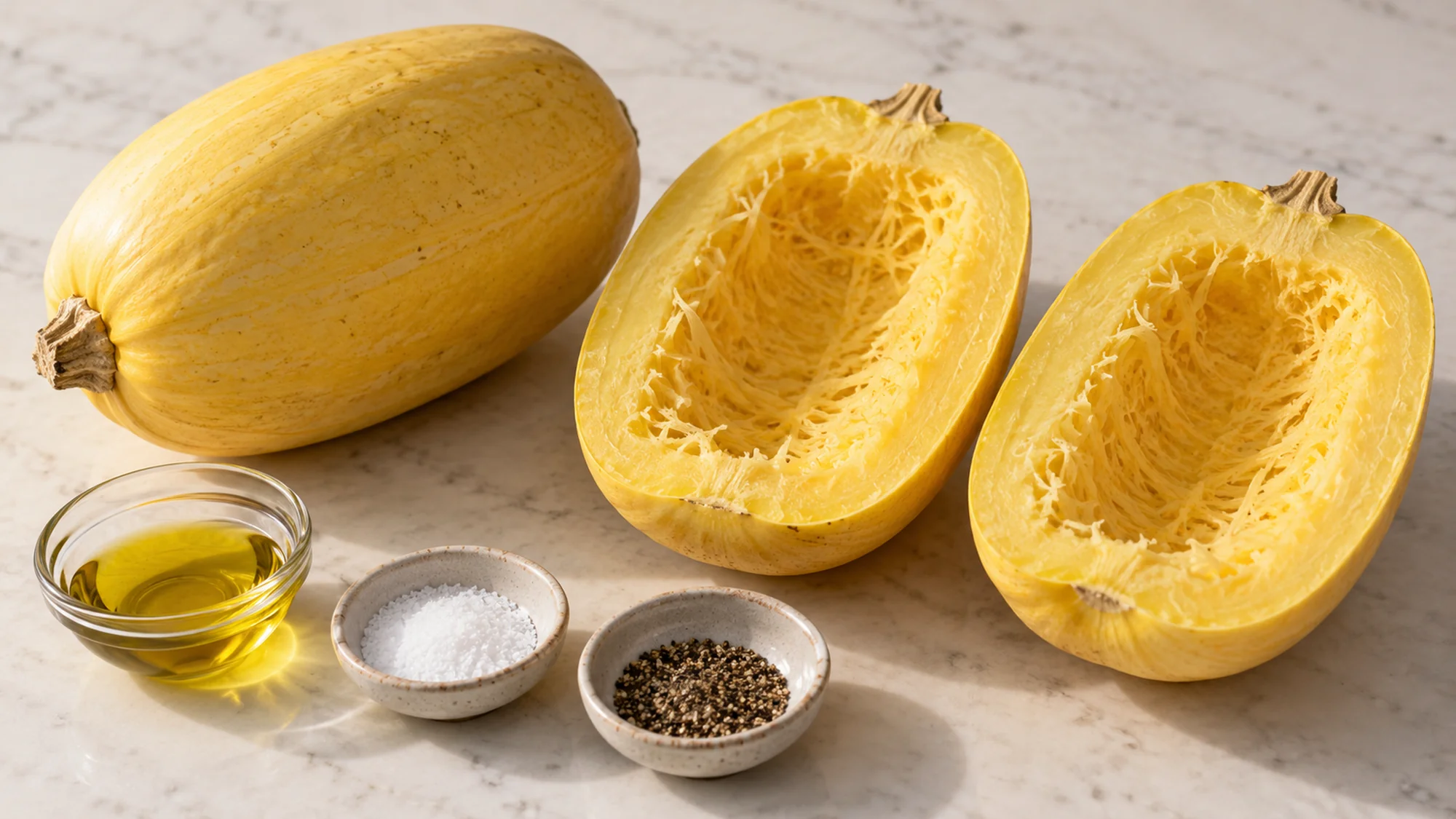 A whole yellow spaghetti squash, seeded halves, olive oil, salt and pepper.