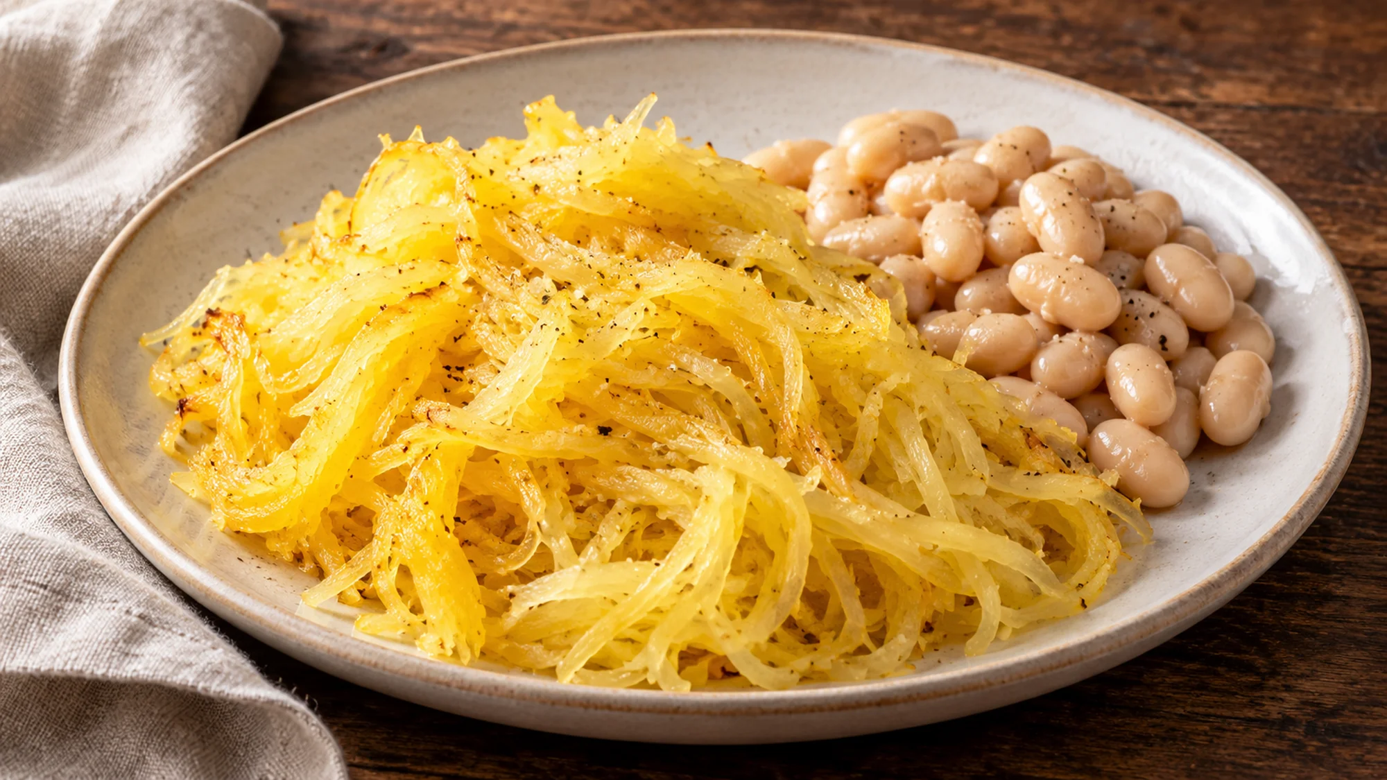 Plain roasted spaghetti squash strands served beside cooked white beans.